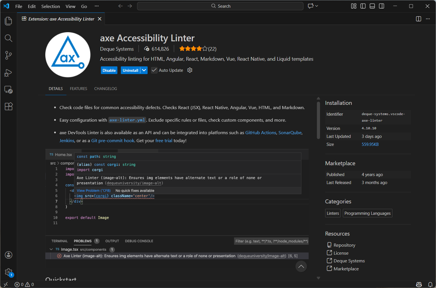 axe Accessibility Linter VS Code extension