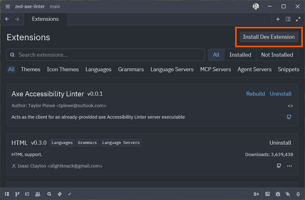 Install Dev Extension button in Zed